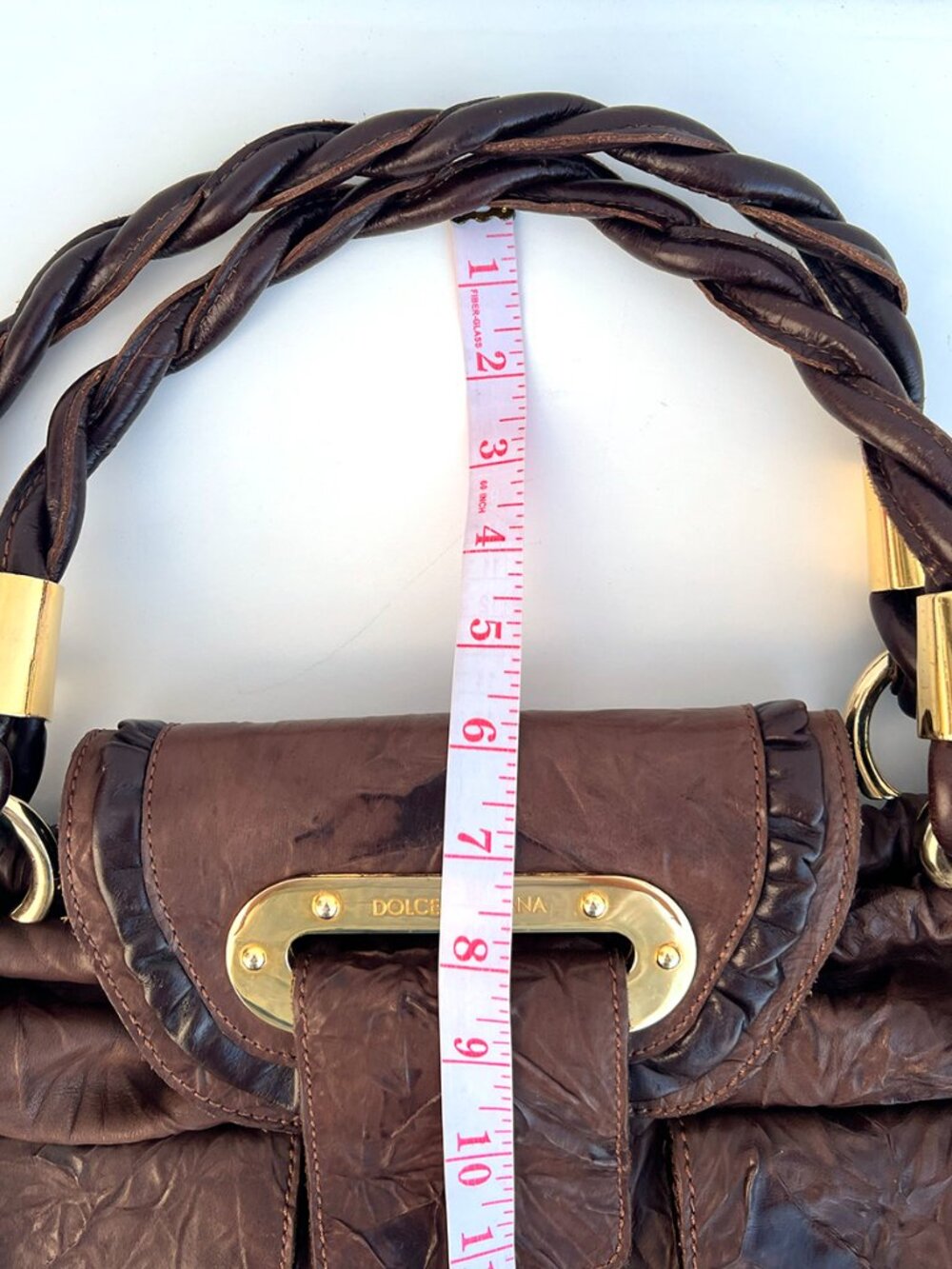 Authentic DOLCE & GABBANA Mainline Brown Crinkled Leather Braided Hobo Bag Y2K - Picture 12 of 13
